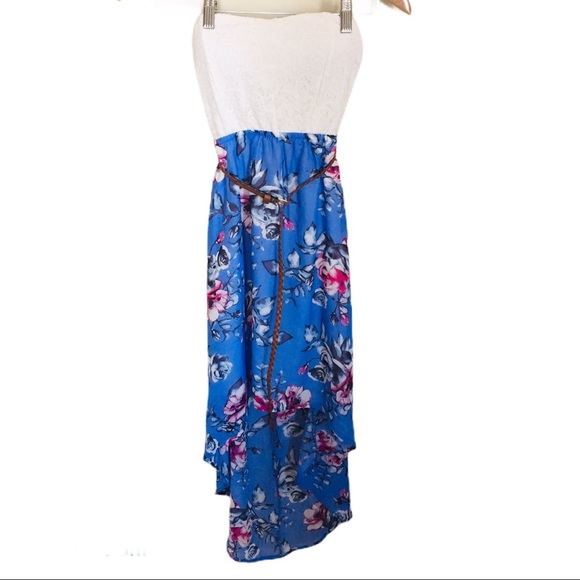 ARDENE Floral Hi Lo Fit Dress With Lace Front & Belted Detailing Blue Size Small - Picture 4 of 10